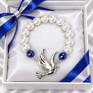 Zeta Phi Beta Bracelet Blue & White Pearls with Silver Dove